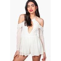 Cold Shoulder Ruffle Spot Mesh Playsuit - ivory