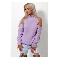 Cold Shoulder Lilac High Neck Chunky Jumper