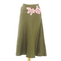 Coast Size 12 Bottle Green A Line Linen Skirt with Silk Floral Applique with Embroidered Edging and Beading