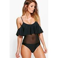 Cold Shoulder Mesh Panel Scoop Swimsuit - black