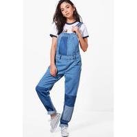 Contrast Denim Boyfriend Dungarees - mid blue