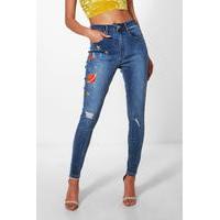 Cosmic Embroidery High Rise Skinny Jeans - mid blue