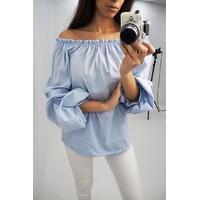 Cosmina Blue stripe print bardot ruched sleeve top