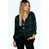 Collarless Checked Roll Back Sleeve Shirt - bottle green