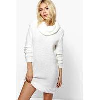 Cowl Neck Boucle Soft Knit Jumper Dress - cream