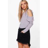 Cold Shoulder Ruffle Rib T-Shirt - grey