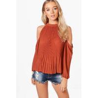 Cold Shoulder Pleated Frill Sleeve Top - rust