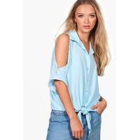 Cold Shoulder Knot Blouse - blue