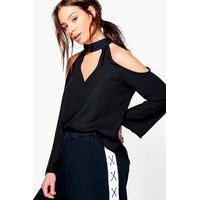 Cold Shoulder Choker Blouse - black