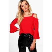 Cold Shoulder Ruffle Sleeve Blouse - red