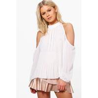 Cold Shoulder Pleated Frill Sleeve Top - white
