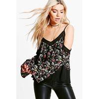 Cold Shoulder Mixed Print Top - black