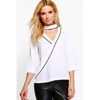 contrast piped choker blouse white