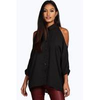 cold shoulder split back shirt black