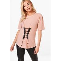 Corset Detail Rib Knit T-Shirt - pink