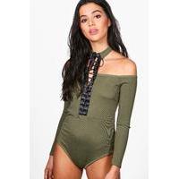 cold shoulder lace up choker bodysuit khaki