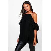 Cold Shoulder Pleated Ruffle Top - black