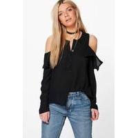 Cold Shoulder Ruffle Shirt - black