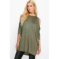 Cold Shoulder Batwing T-Shirt - khaki