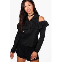 Cold Shoulder Ruffle Shirt - black