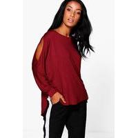 Cold Shoulder Dipped Hem Top - wine