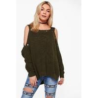 Cold Shoulder Eyelet Jumper - khaki