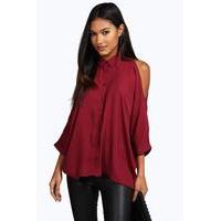 Cold Shoulder Split Back Shirt - wine