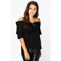 Cold Shoulder Frill Woven Top - black