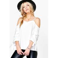 Cold Shoulder Ruched Sleeve Top - white