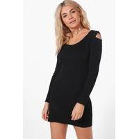 Cold Shoulder Rib Knit Jumper Dress - black
