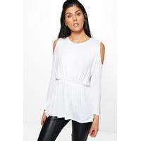 cold shoulder flared waist top white