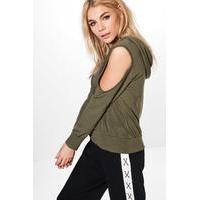 Cold Shoulder Knitted Hoody - khaki