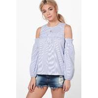 Cold Shoulder Stripe Ruffle Top - blue