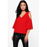 Cold Shoulder Wide Sleeve Top - red