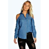 Cold Shoulder Chambray Pocket Shirt - mid blue