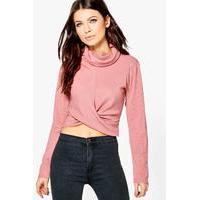 Cowl Neck Ribbed Long Sleeve Crop Top - rose