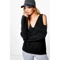 Cold Shoulder V Neck Oversized Jumper - black