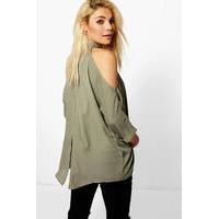 Cold Shoulder Split Back Shirt - khaki