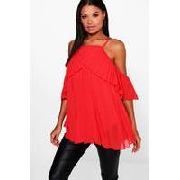 cold shoulder pleated ruffle top red