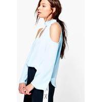 Cold Shoulder Choker Blouse - blue