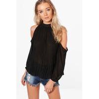 Cold Shoulder Pleated Frill Sleeve Top - black