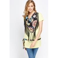 Contrast Printed Tassel Cowl Neck Top