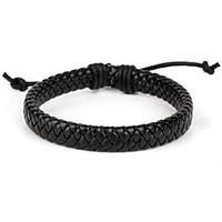 comfortable adjustable mens leather cool hard bracelet all black braid ...