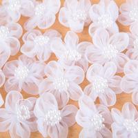 Create and Craft White Organza Flowers with Pearl Bead Centres - 20 Pieces 376114