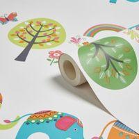 Cream Green & Orange Elephants & Trees Children\'s Wallpaper