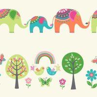 Cream Green & Orange Elephants & Trees Children\'s Wallpaper