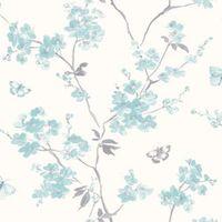 Cream & Teal Blossom Flat Wallpaper