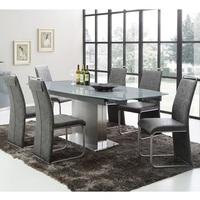 Cruise Extendable Dining Table In Grey Glass And 6 Dining Chairs