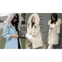 Cream 6 Women\'s Winter Warm Wool Hooded Overcoat