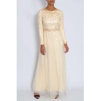 Cream Spike & Sequin Long Sleeve Maxi Dress